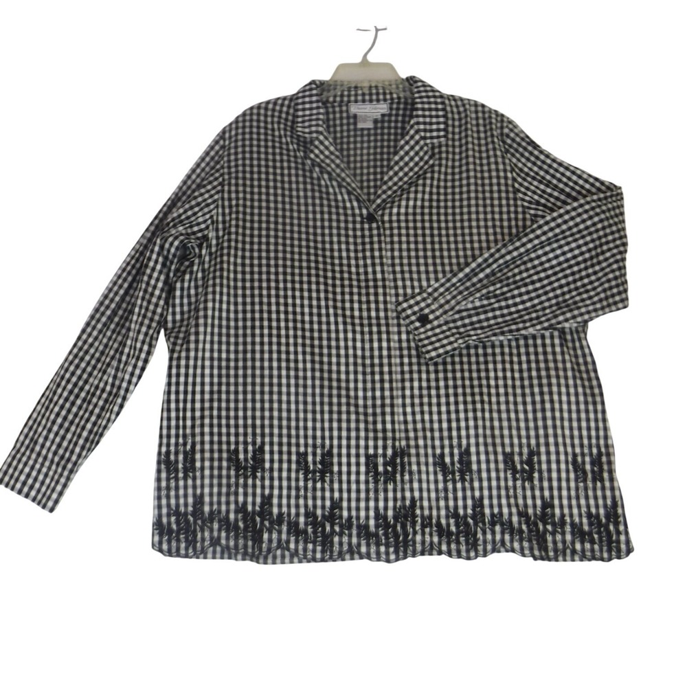 Diane Gilman Women's 2X Silk Black White Gingham Shirt Embroidered Long Sleeve